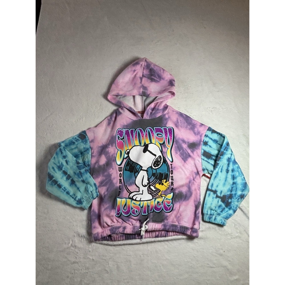 Justice Girls Snoopy World Tour Pink Blue Tie Dye‎ Long Sleeve Hooded Sweatshirt